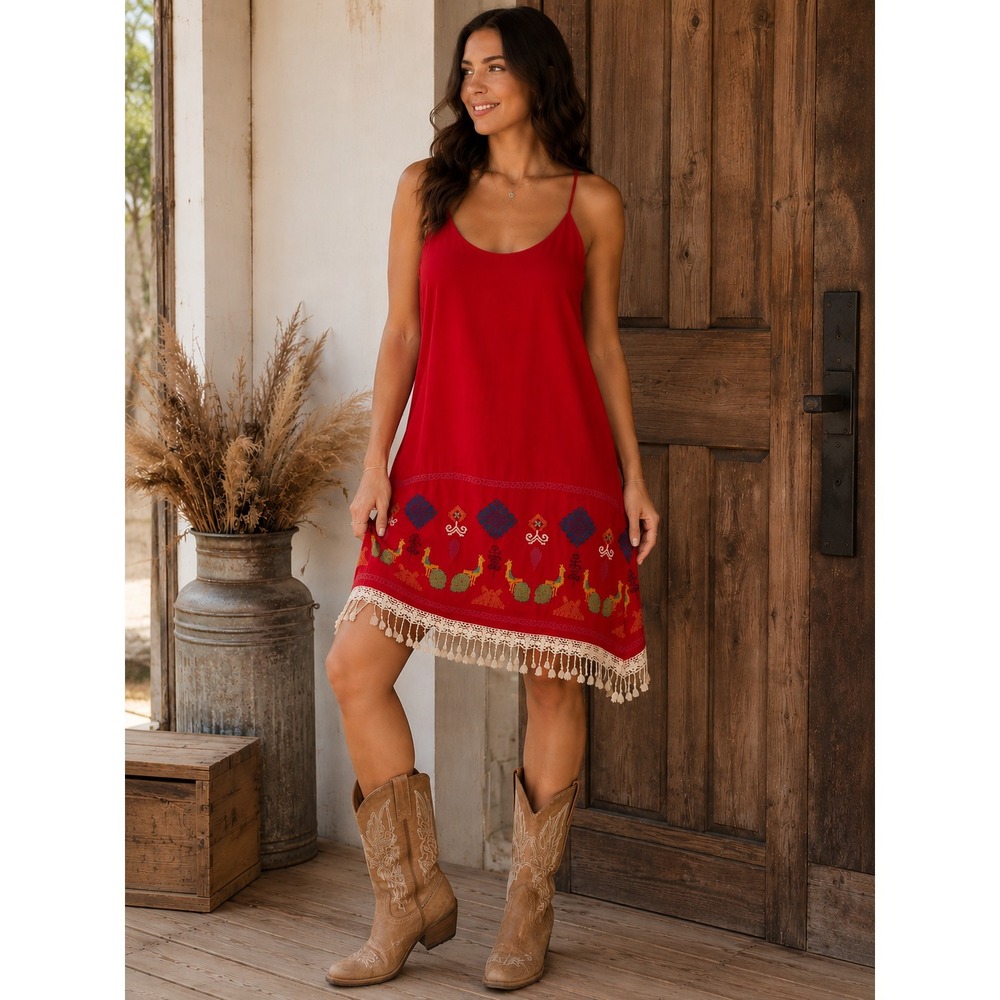 VaVa By Joy Han dress sz L sleeveless embroidered Llama Red mini festival cowboy